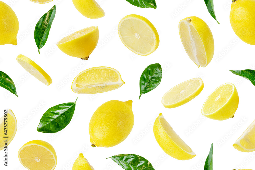 Seamless pattern of lemons and leaves on white background. Seamless pattern of lemons and leaves on white background.