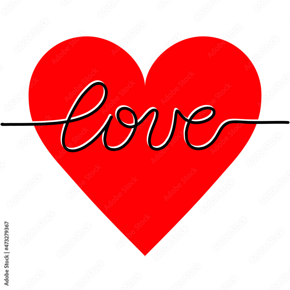 Love writing one line art drawing inside big red heart. Elegant vector illustration representing the love concept for prints, tattoos, posters, textile, web etc. Love writing one line art drawing inside big red heart. Elegant vector illustration representing the love concept for prints, tattoos, posters, textile, web etc.