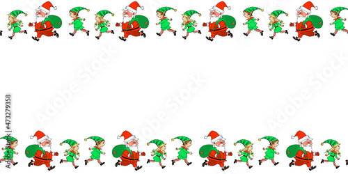 Vector background, frame, border from Santa Claus and Cute little Christmas Elves. Horizontal top and bottom edging, decoration on theme New Year and Xmas