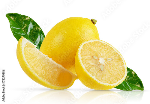Composition of lemons with green leaves isolated with clipping path.
