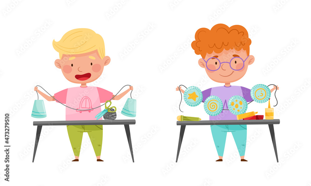 Little boys making crafts. Children creativity and imagination development cartoon vector illustration Little boys making crafts. Children creativity and imagination development cartoon vector illustration