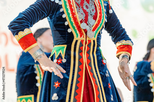 06 July 2021, Ufa, Russia: National Bashkir women dance in traditional clothes at the international festival Folkloriada photo
