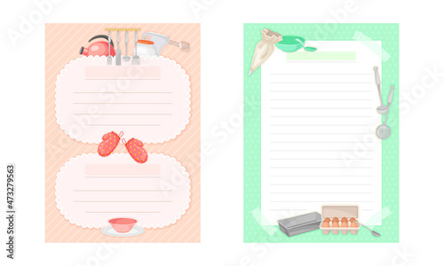 Pages with lines for recipe entries. Recipe book page templates set cartoon vector illustration