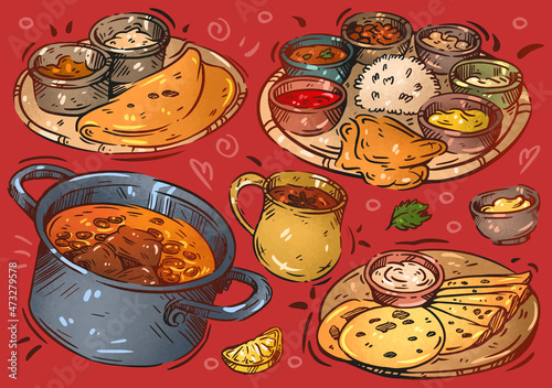 Indian food illustration. Hand drawn sketch. Chicken curry, masala, rice, spices, flatbread with sauce, dal soup, thali.Restaurant food collection, take away menu design. Vector doodle set