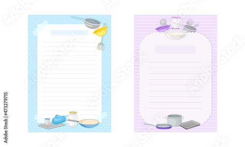 Pages for recipe entries set. Recipe book page templates with kitchen tools vector illustration i