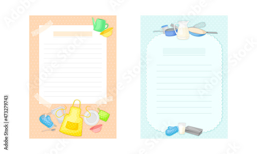 Pages for recipe entries set. Kitchen book lined paper for adding your own recipe cartoon vector illustration