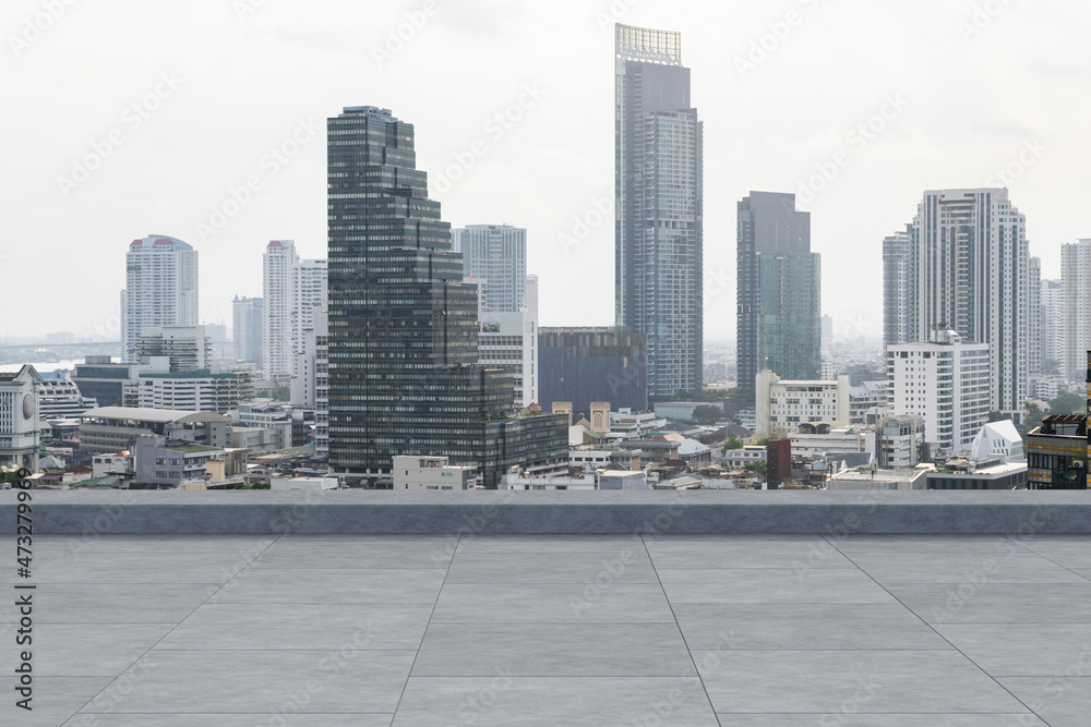 Panoramic Bangkok skyline view, concrete observatory deck on rooftop, daytime. Luxury Asian corporate and residential lifestyle. Financial city downtown, real estate. Product display mockup empty roof Panoramic Bangkok skyline view, concrete observatory deck on rooftop, daytime. Luxury Asian corporate and residential lifestyle. Financial city downtown, real estate. Product display mockup empty roof