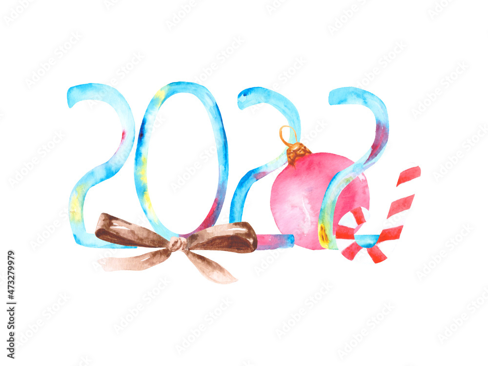 A festive composition with the numbers 2022, a bow, a Christmas tree toy and a caramel stick. Watercolor illustration for the design of postcards and posters. A festive composition with the numbers 2022, a bow, a Christmas tree toy and a caramel stick. Watercolor illustration for the design of postcards and posters.