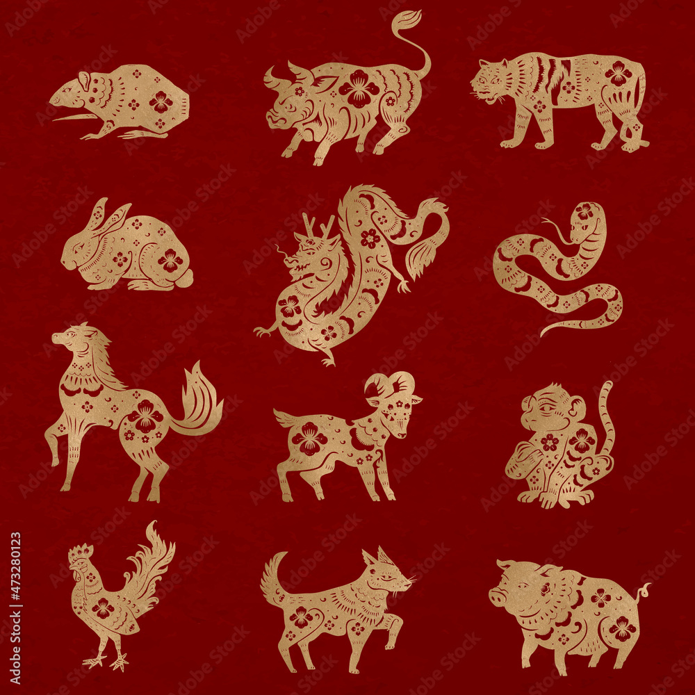 Obraz premium Chinese New Year animals vector gold animal zodiac sign stickers set