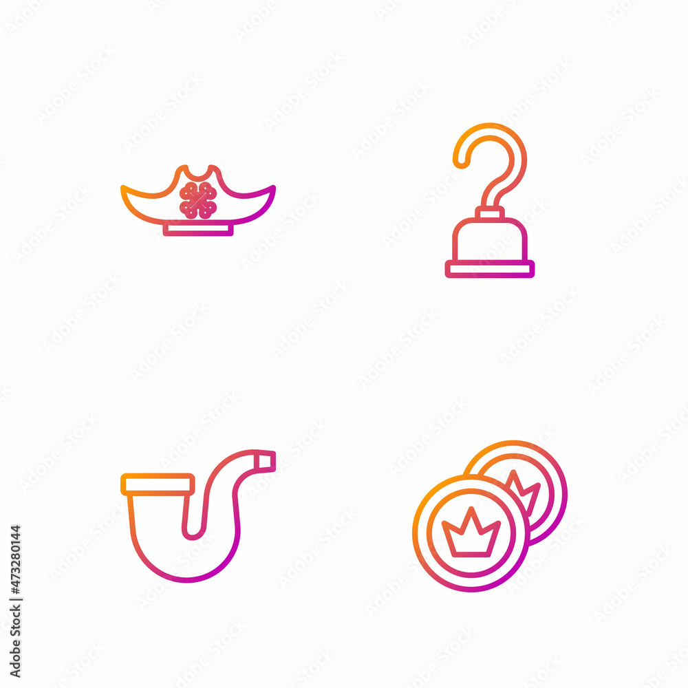Fototapeta premium Set line Pirate coin, Smoking pipe, hat and hook. Gradient color icons. Vector