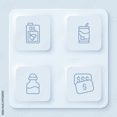 Set line Bottle of olive oil, Soda can, Spice in and New price tag dollar. White square button. Vector