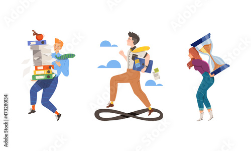 Stress or deadline at work. Busy overworked business people characters set vector illustration