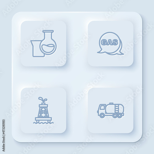 Set line Oil petrol test tube, Location and gas station, rig and Tanker truck. White square button. Vector