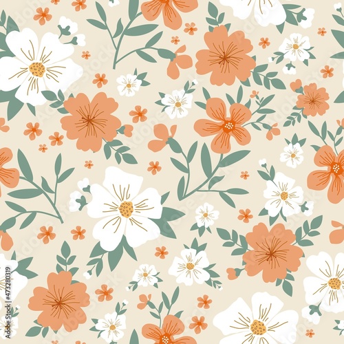 Vintage floral background. Seamless vector pattern for design and fashion prints. Floral pattern with white and orange flowers, green leaves on a light background.