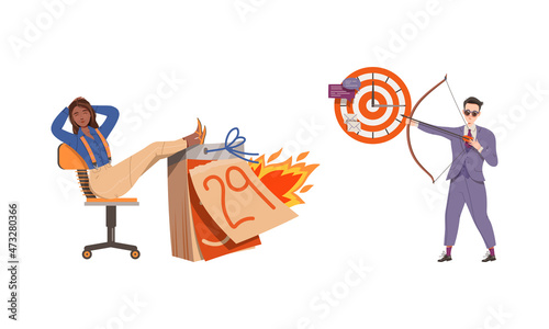 Stress, deadline at work or busy lifestyle. Businessman aiming the target, businesswoman procrastinating at work vector illustration