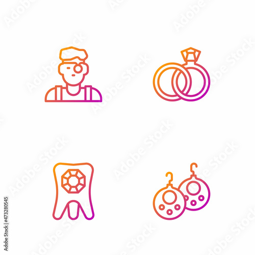Set line Earrings, Tooth with diamond, Jeweler man and Wedding. Gradient color icons. Vector