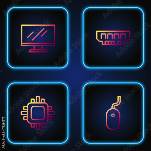 Set line Computer mouse, Processor with CPU, monitor screen and RAM, random access memory. Gradient color icons. Vector