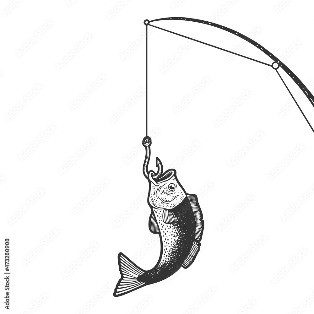 fish caught on fishing rod sketch raster Stock Illustration