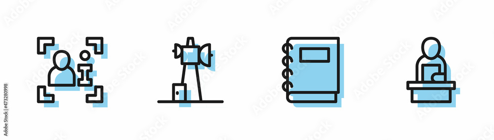 Set line Notebook, Television report, Antenna and Breaking news icon. Vector