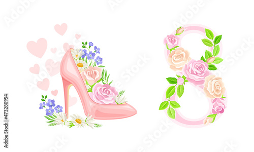 8 March International Womens Day cards design set. Number 8 and high heel shoe with spring flowers vector illustration