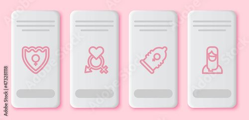 Set line Gender shield, Female, Condom and Muslim woman in hijab. White rectangle button. Vector