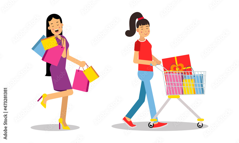 Girls walking with cart and carrying shopping bags set. People taking part in seasonal sale at store, mall vector illustration
