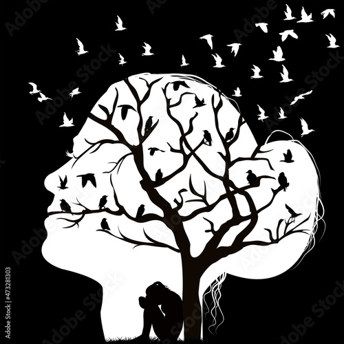 Abstract composition with silhouette of head woman and sad woman under a tree