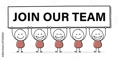 Concept of smiley stickman with text on a board - join our team. Vector