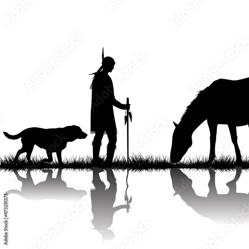 American indian with horse and dog