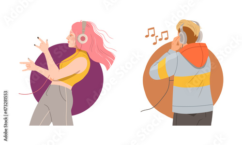 Young people listening to music and dancing set. Music lovers wearing headphones enjoying of listening music on smartphone vector illustration