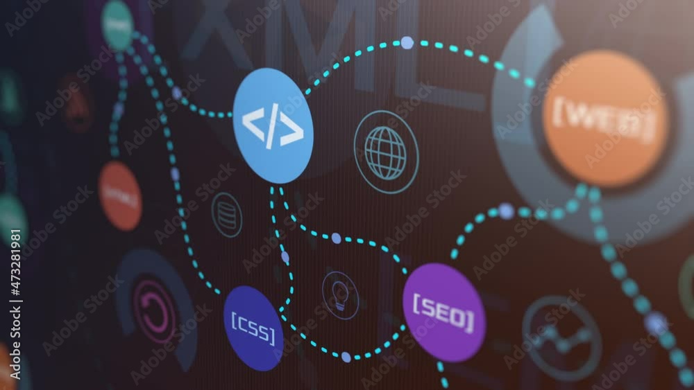 infographic animation, web development and web design concept, keywords and icons connected with lines, team work and collaboration, software development process (3d render)