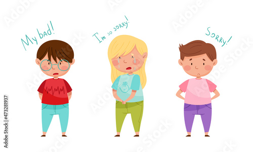 Cute little girl and boys saying sorry set. Good manners of kids cartoon vector illustration