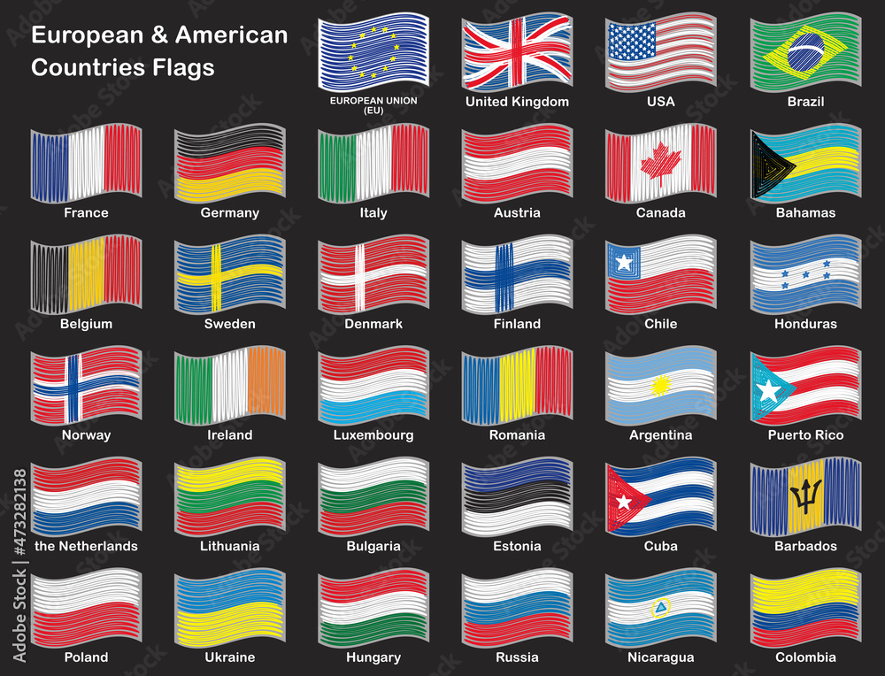 Flags of Europe Countries and America. National waving flags from all