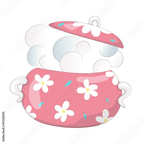 Nice cartoon saucepan with the lid ajar, steam is pouring out of the pan. Dinnerware for a fairy-tale character or doll. Toy kitchen. Hand drawn vector illustration