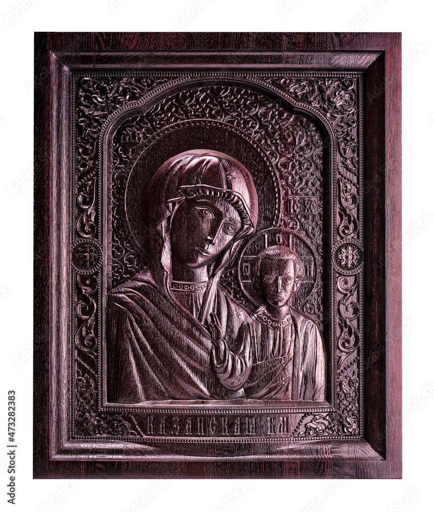 Church icon of Kazan Mother of God. Ancient church icon. One of attributes of religion.