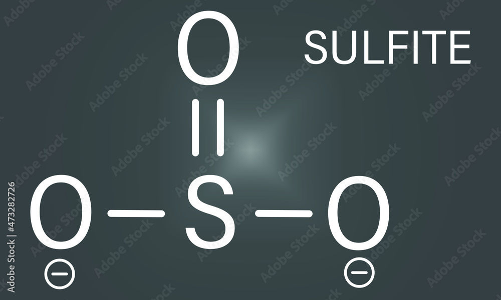 Sulfite anion, chemical structure. Sulfite salts are common food additives. Skeletal formula. Sulfite anion, chemical structure. Sulfite salts are common food additives. Skeletal formula.