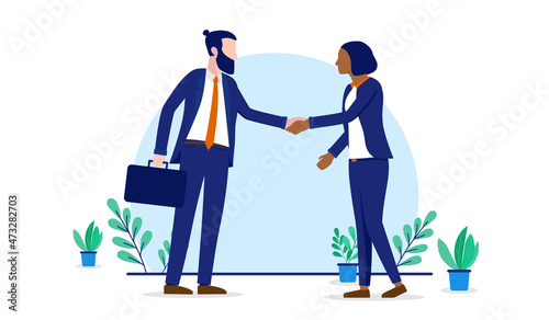 Business handshake between man and woman - Flat design vector illustration of diverse people shaking hands on white background