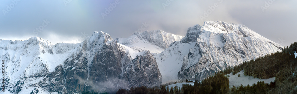 Stunning views of the snow-covered peaks of the alps in central Switzerland.