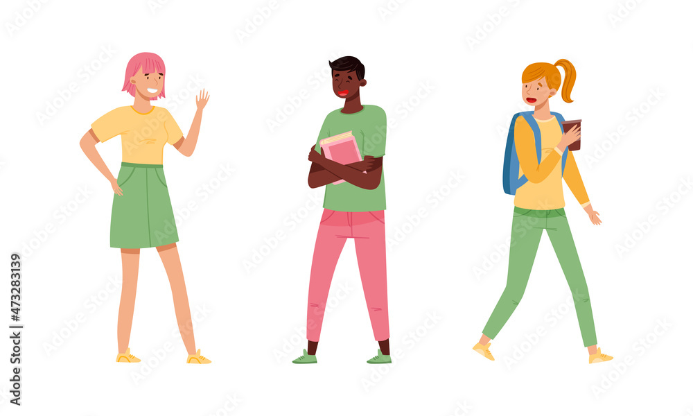 College students performing various activities set. Young people saying hi, walking with backpack and holding book cartoon vector illustration