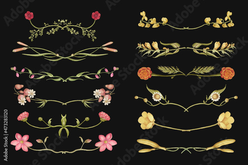 Colorful flower flourish divider vector design element set, remix from The Model Book of Calligraphy Joris Hoefnagel and Georg Bocskay