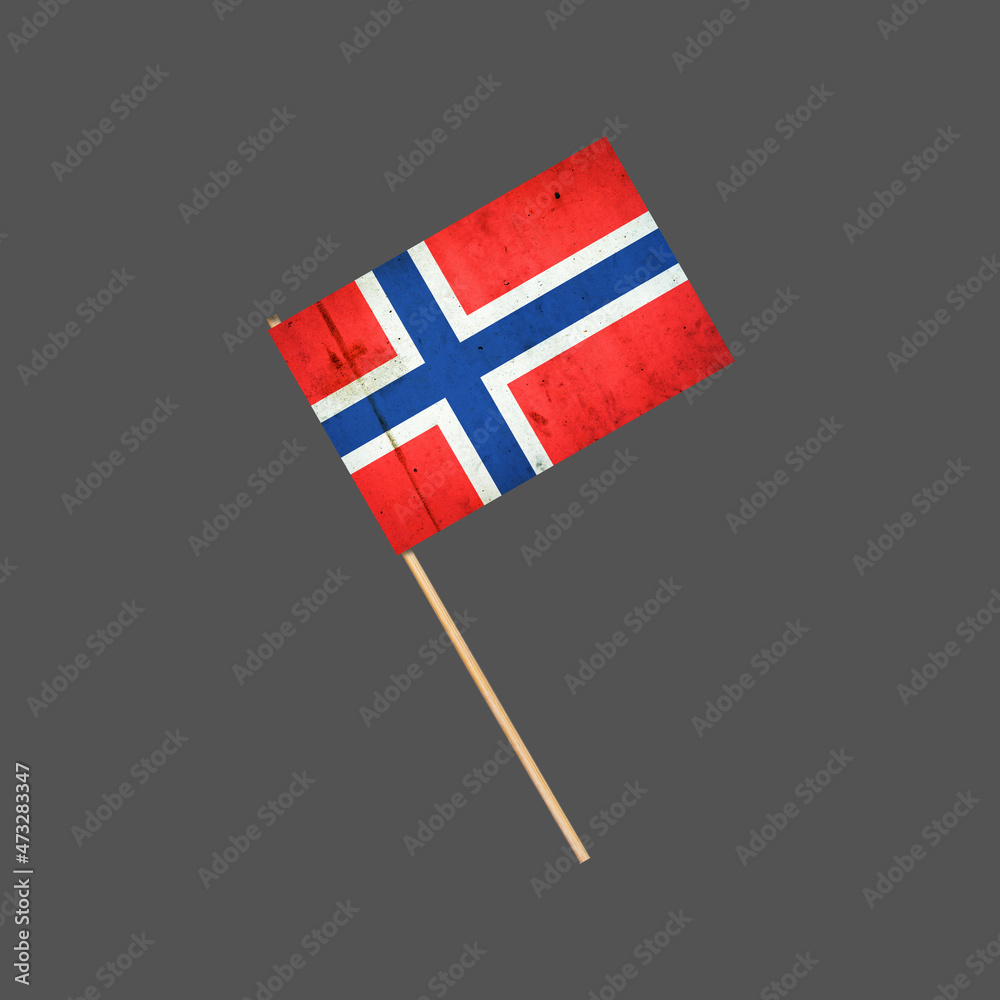 Norway grunge flag on a stick. Isolated on a gray background. Design element. Signs and Symbols.
