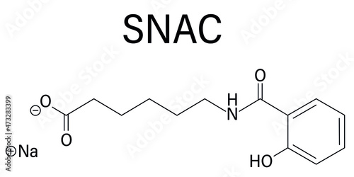 Sodium salcaprozate (SNAC, sodium N-[8-(2-hydroxybenzoyl)amino] caprylate) oral absorption promoter. Used to increase the bioavailability of macromolecules, including heparin. Skeletal formula.