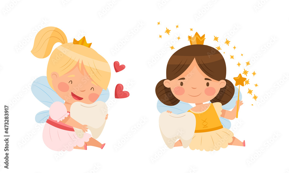 Little Tooth Fairy with baby tooth set. Lovely girls with wings wearing golden crowns cartoon vector illustration Little Tooth Fairy with baby tooth set. Lovely girls with wings wearing golden crowns cartoon vector illustration