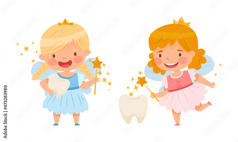 Little Tooth Fairy with magic wand set. Lovely girls with wings wearing golden crowns with baby teeth cartoon vector illustration Little Tooth Fairy with magic wand set. Lovely girls with wings wearing golden crowns with baby teeth cartoon vector illustration