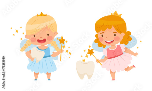 Little Tooth Fairy with magic wand set. Lovely girls with wings wearing golden crowns with baby teeth cartoon vector illustration