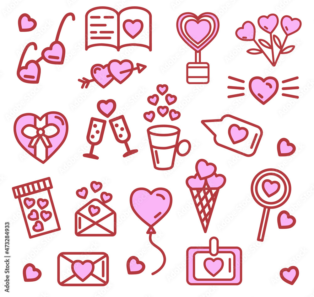 Set of valentine icons with hearts. Vector