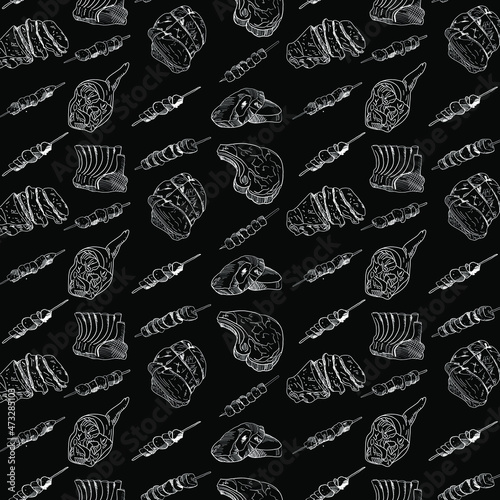Hand drawn meat seamless pattern. Vintage design template, banner. Vector.