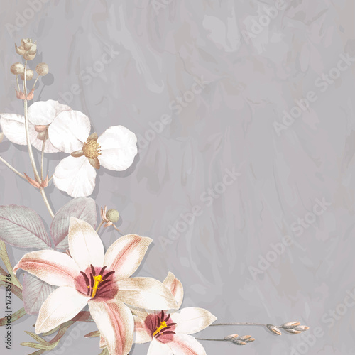 Bull tongue arrowhead flowers and lily pattern on a gray marble background vector