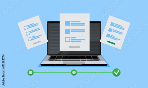 Laptop checklist on screen. Exam form. Questionnaire test survey concept. screen display Laptop check mark. Choice, survey concepts. design graphic elements Vector flat illustration