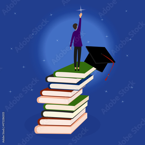 man stands on a stack of books and stretches into the sky for a star next to a graduate's hat. The concept of education and science is a consequence of achieving goals and success.Vector illustration